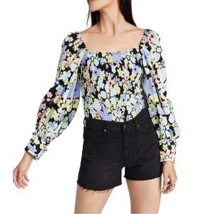 Free People Ariana Floral Puff Sleeve Smocked Blouse in Black/Yellow, Size S